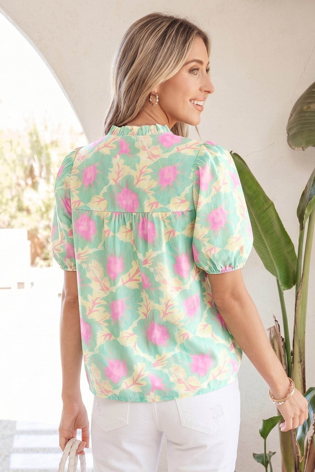 Sunshine Garden Bubble-Sleeve Blouse