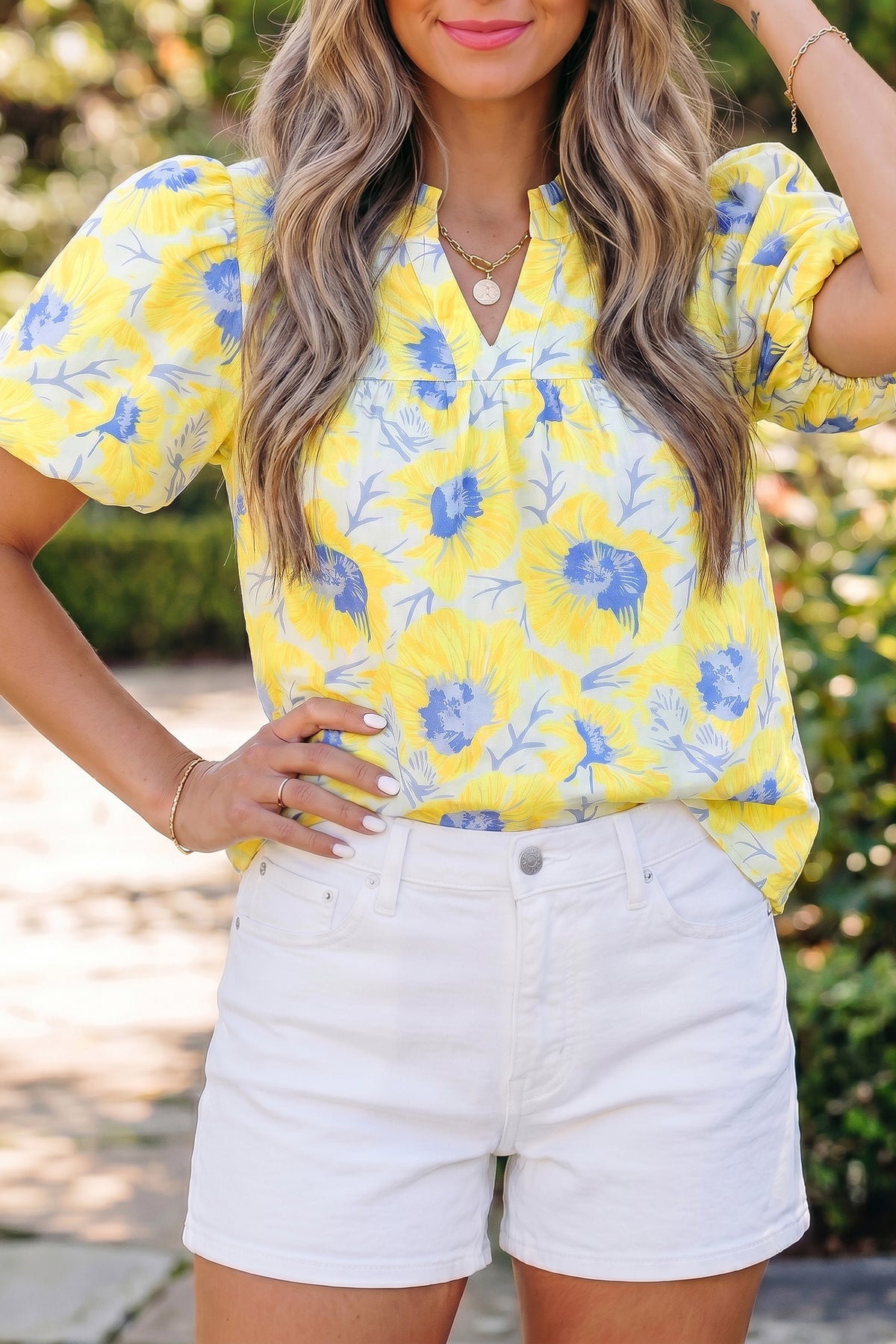 Sunshine Garden Bubble-Sleeve Blouse